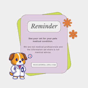 Reminder note to see your vet for your pets medical condition. We are not medical professionals and the information we share is not medical advice. cartoon dog in white lab coat wearing a stethoscope is in the corner.